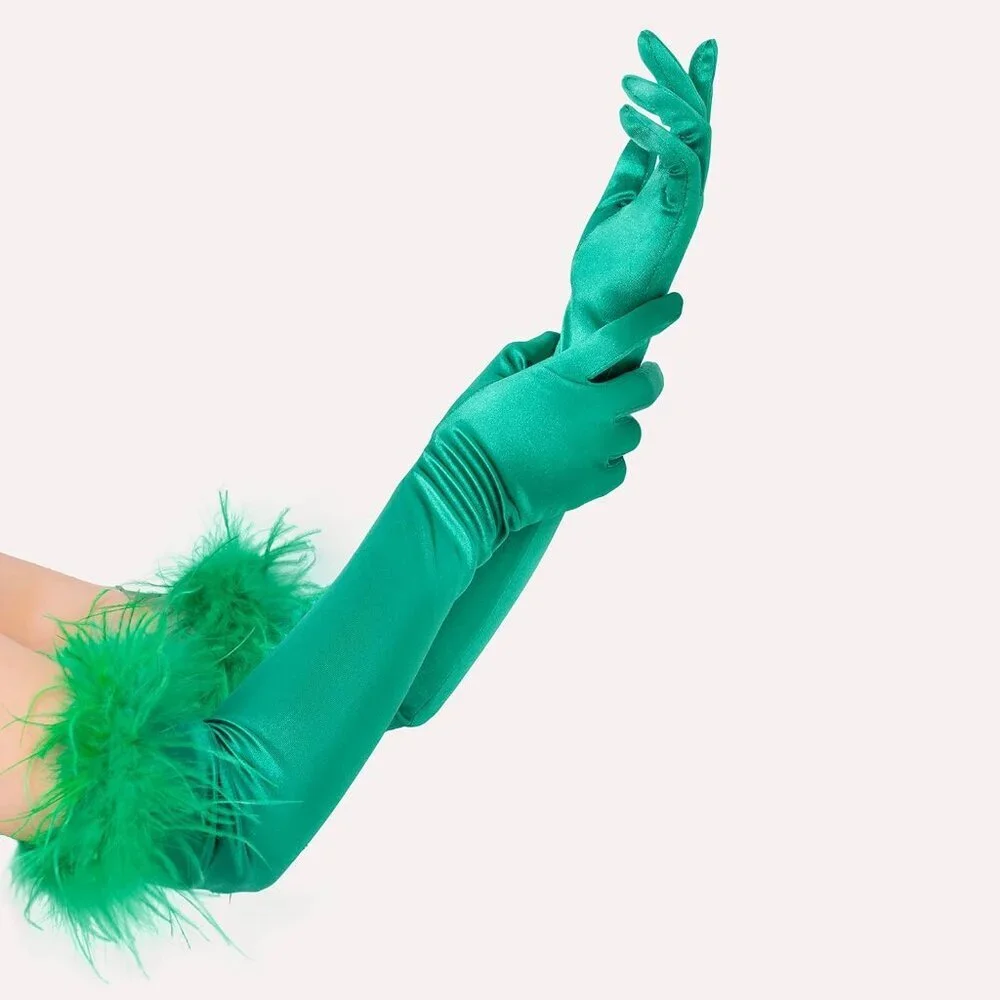 Women's Evening Green Feather Long Satin Gloves Stretchy Elbow Halloween Costume
